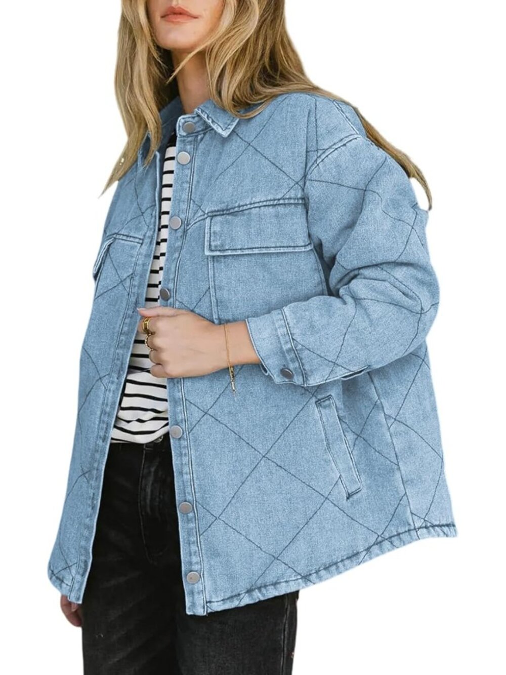 Women’s Sky Blue Long Sleeve Button Down Oversized Denim Jacket Pocket Shacket